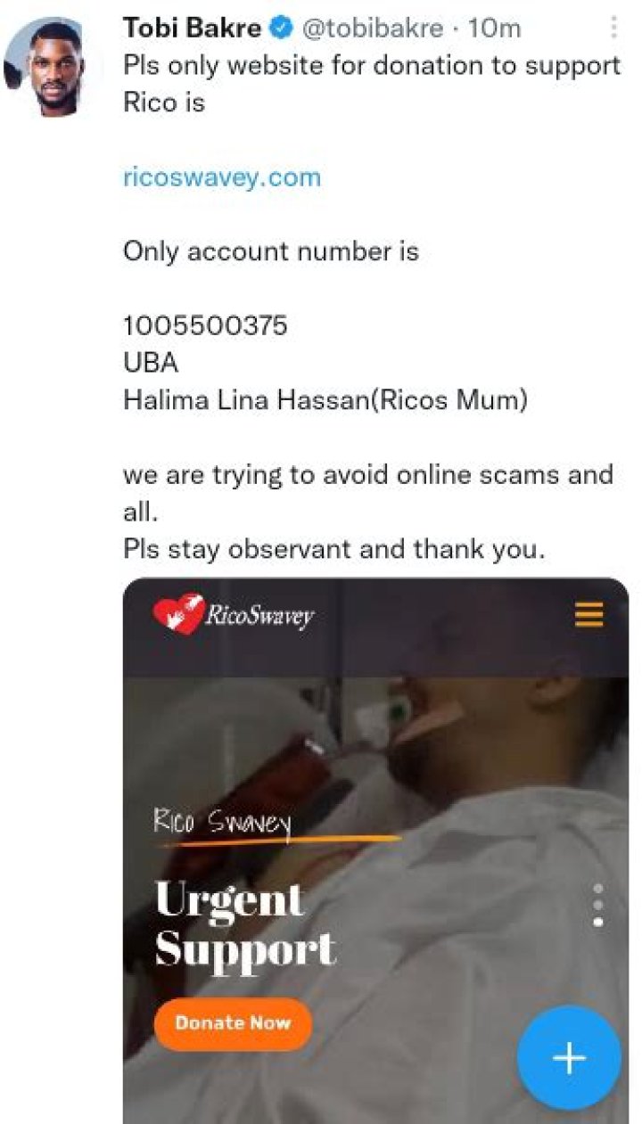 
BBNaija’s Tobi Bakre Releases Photo Of Rico Swavey On Life Support, Seeks Financial Support From Nigerians 