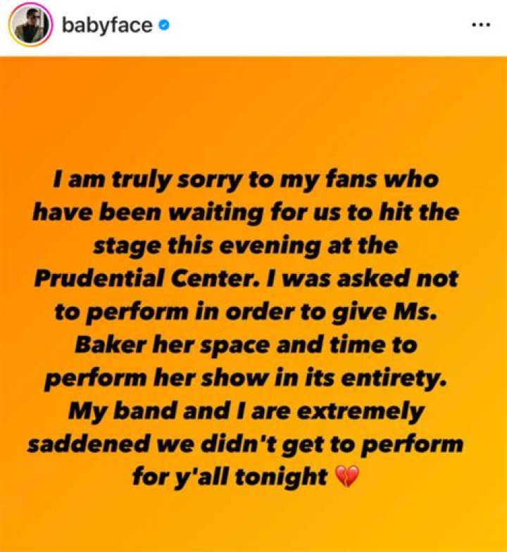 
Fans disappointed after Babyface drops out of Anita Baker concert at Newark, New Jersey’s Prudential Center 