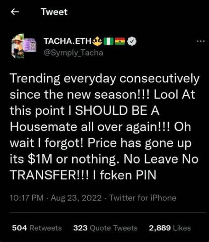 
Tacha Reveals How Much It Would Cost For Her To Be On BBNaija Again 